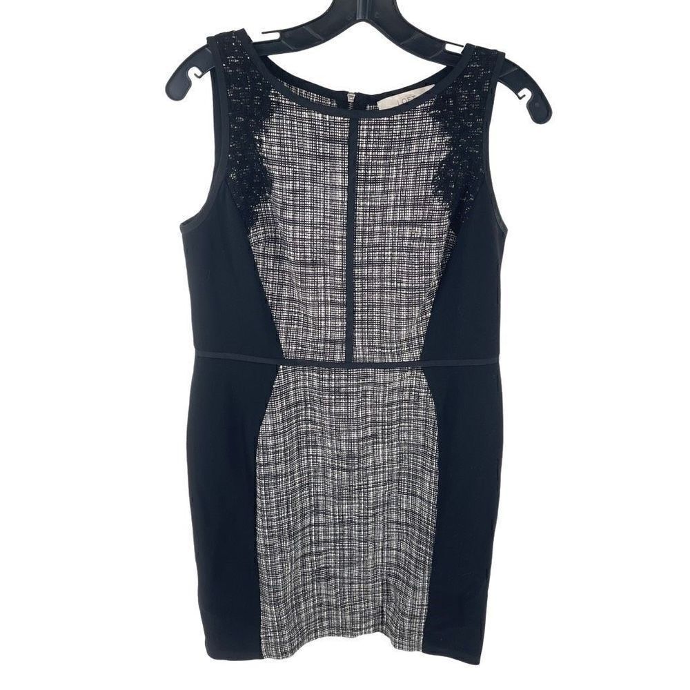 LOFT Women's Sheath Dress Tweed Lace Mini Sleeveless Zip Back Black Size 8P